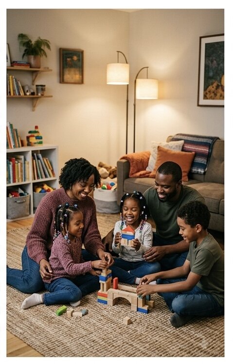 A family with young children playing together at home