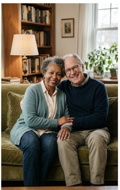 An older couple sitting together at home
