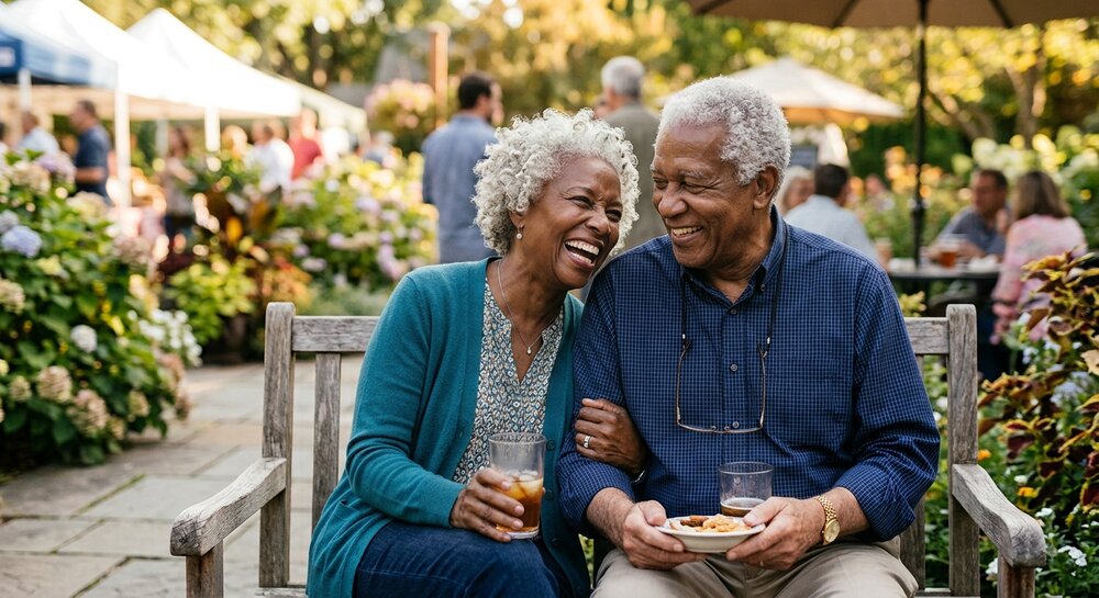 A couple laughing together at an outdoor gathering
